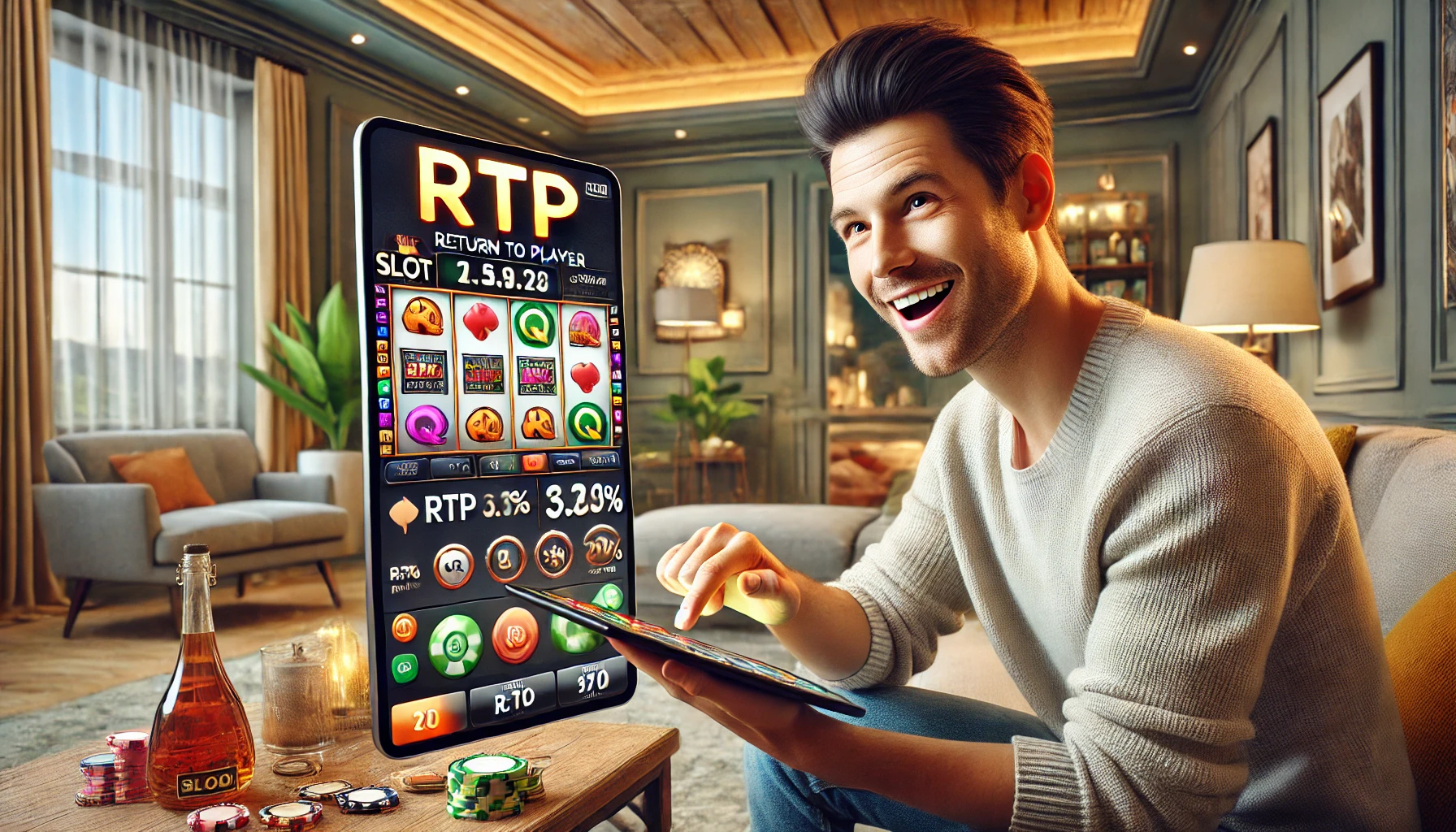 DALL·E-2024-10-27-23.57.46-A-16_9-realistic-advertising-image-of-a-person-playing-an-online-slot-game-on-a-modern-tablet-device-in-a-cozy-living-room.-The-person-is-smiling-with.webp