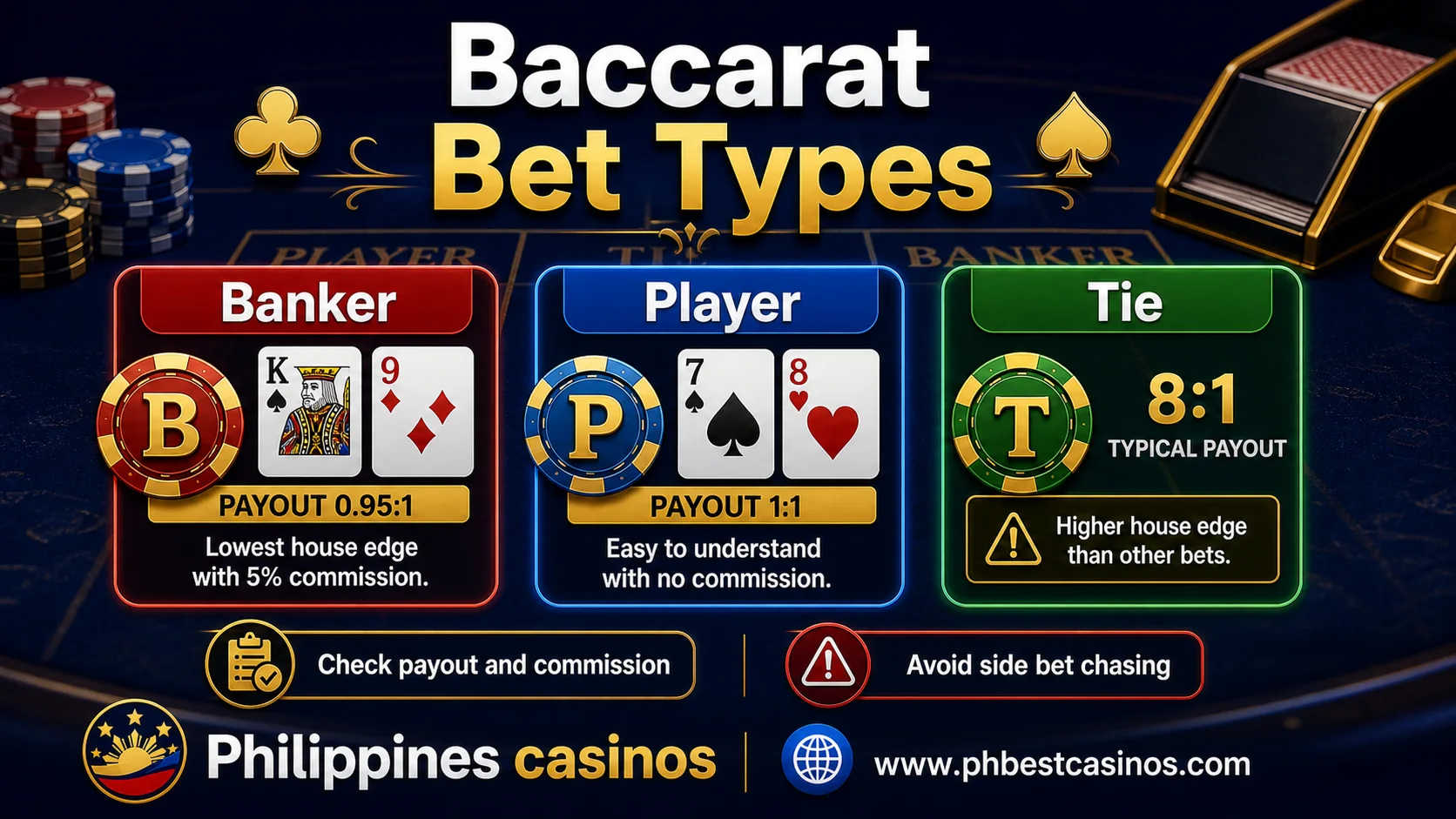 Baccarat bet types infographic for banker player and tie bets with payout commission and side bet warning