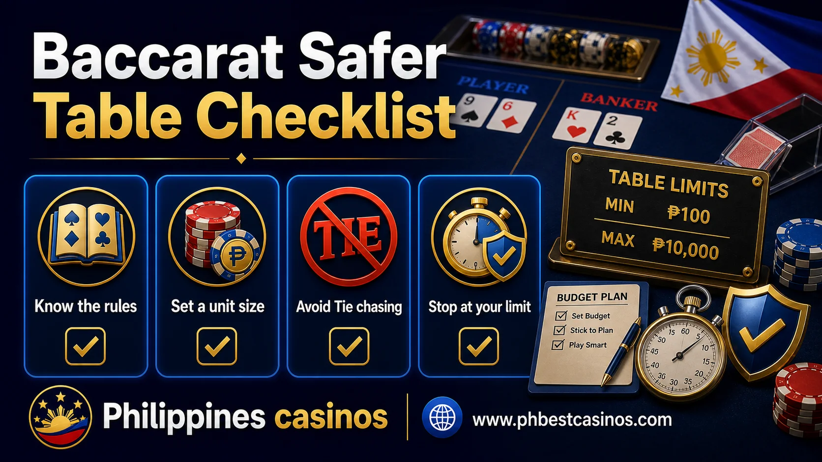 Baccarat safer table checklist showing know the rules set a unit size avoid tie chasing and stop at your limit