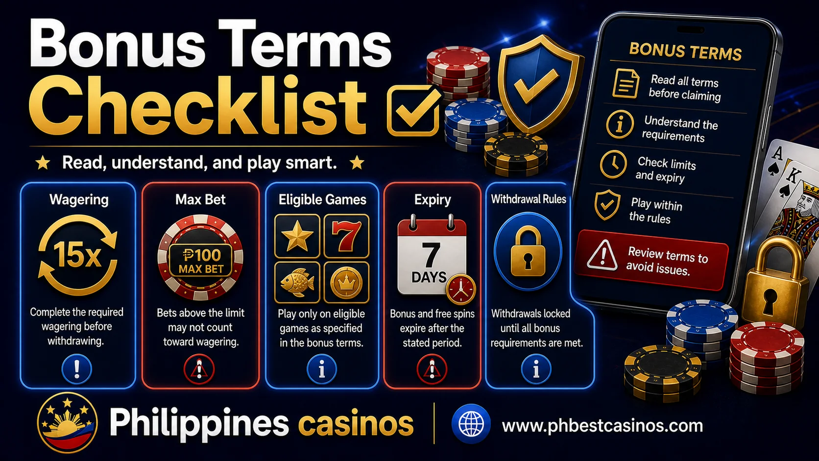 Bonus terms checklist infographic with wagering max bet eligible games expiry and withdrawal rules