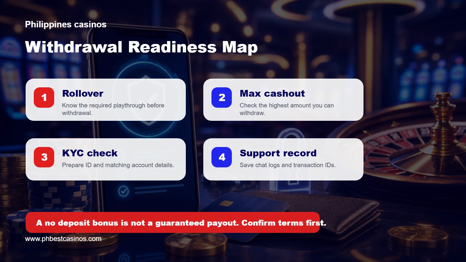 No deposit bonus withdrawal readiness map covering rollover, max cashout, KYC, and support records