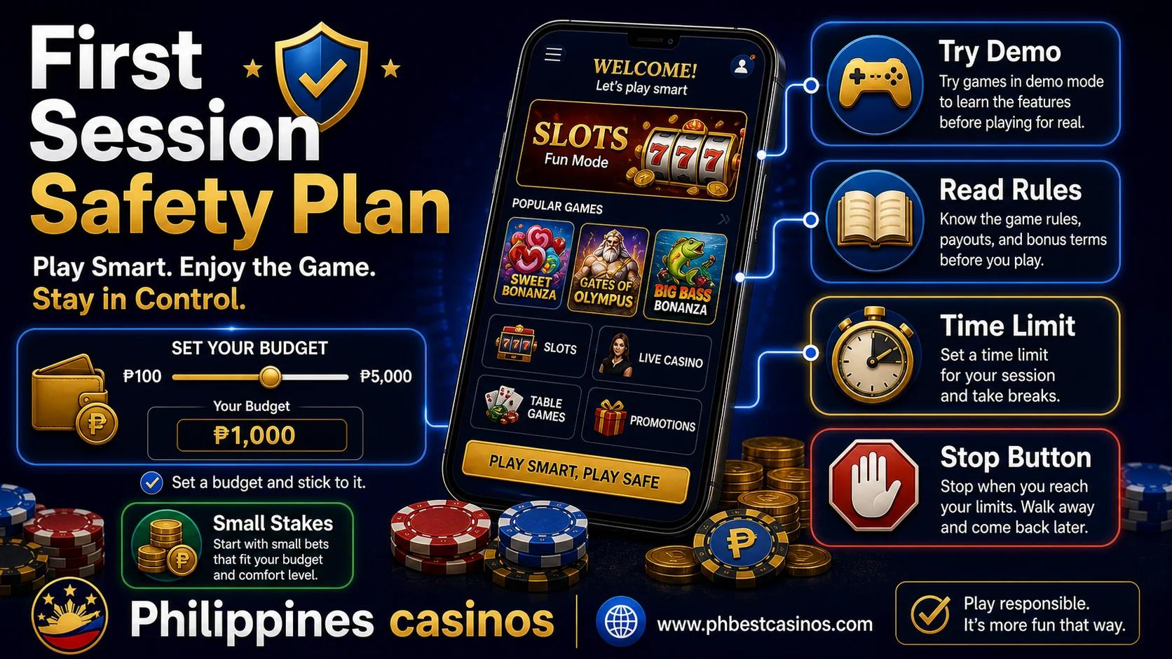 First session safety plan infographic with try demo read rules small stakes time limit and stop button