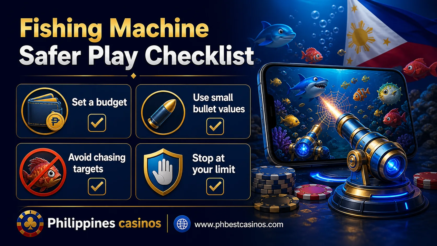 Checklist infographic for fishing machine safer play including budget, small bullet values, target chasing, and stop limits