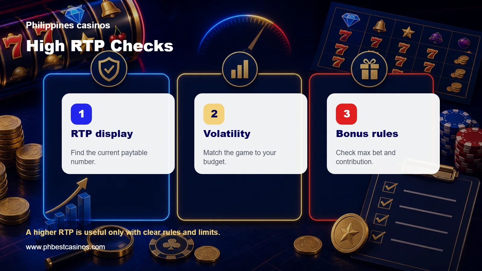 High RTP slot checks infographic showing RTP display, volatility, and bonus rules