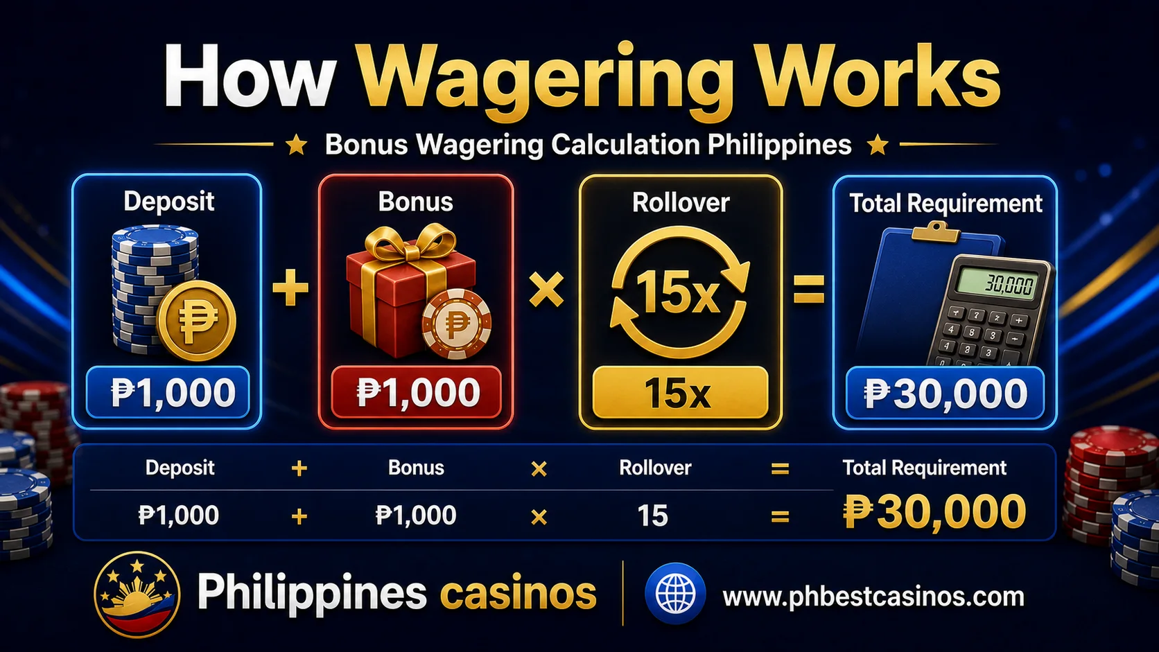 How wagering works infographic with deposit bonus rollover and total requirement formula