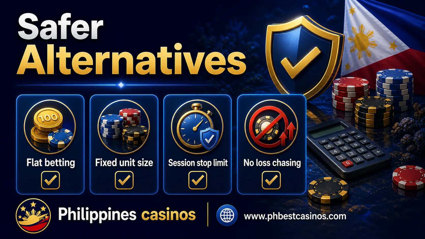 Checklist infographic showing safer alternatives including flat betting, fixed unit size, session stop limit, and no loss chasing