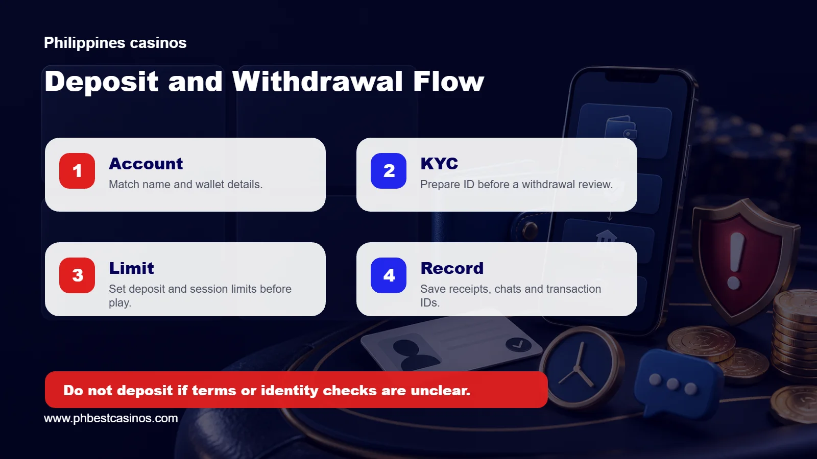 Deposit and withdrawal flow covering account match, KYC, limits, and records