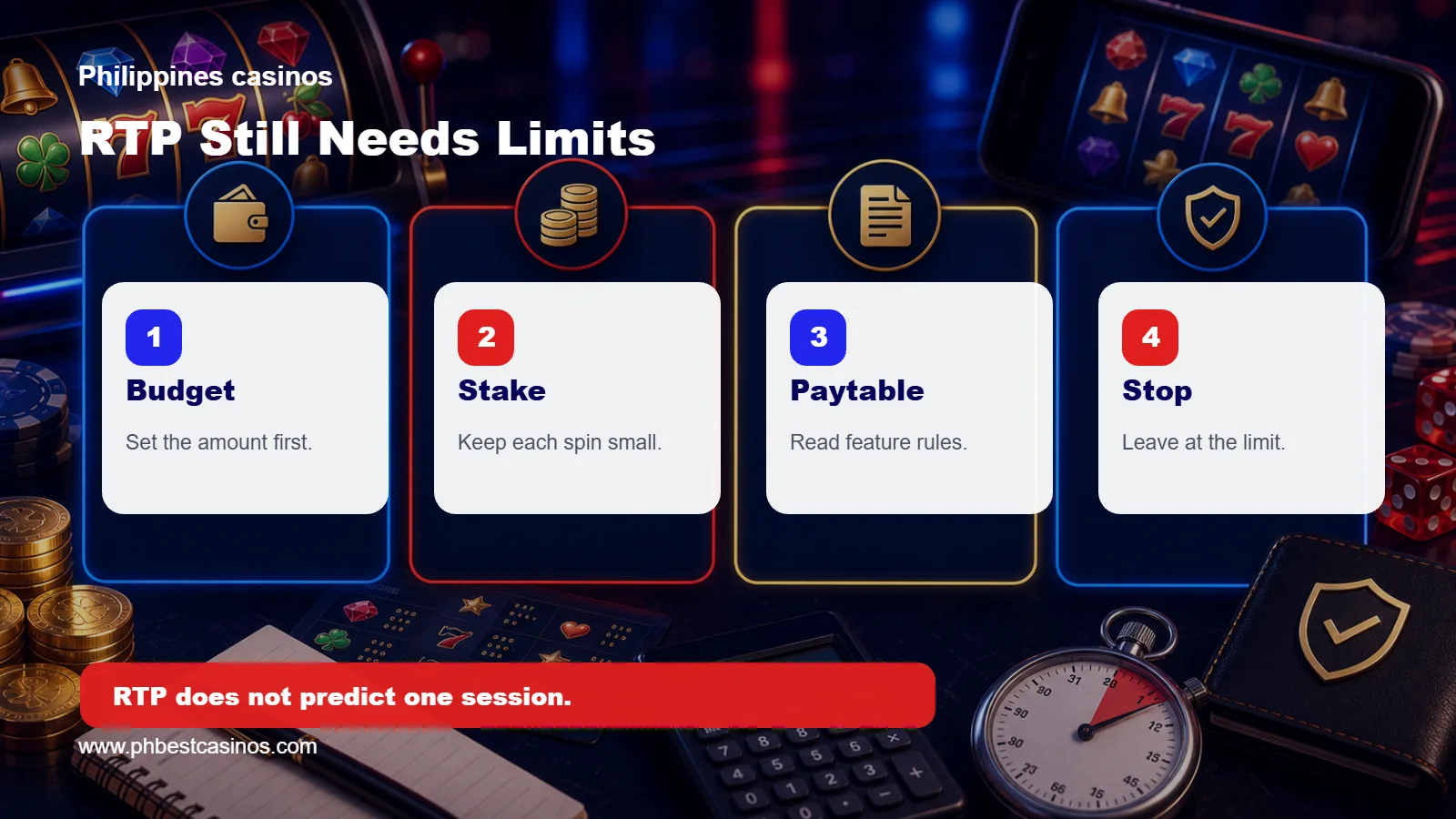 RTP bankroll limits infographic for slot players showing budget, stake, paytable, and stop checks