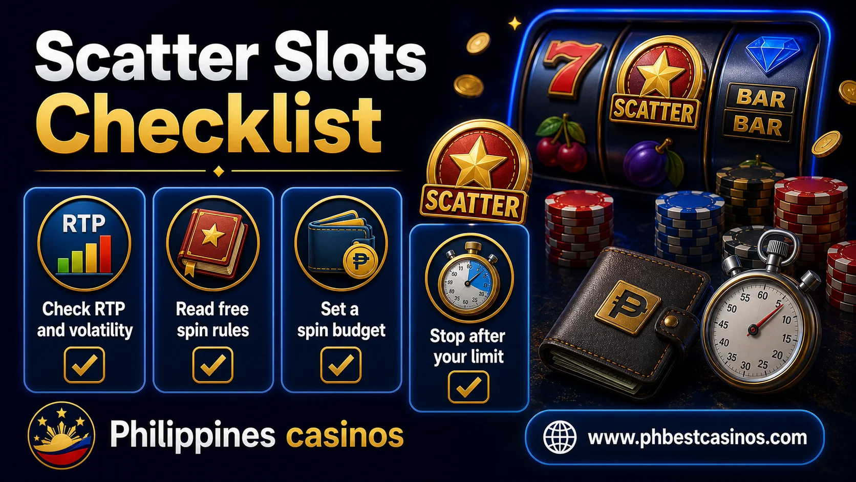 Checklist infographic for scatter slots including RTP, volatility, free spin rules, spin budget, and stop limits