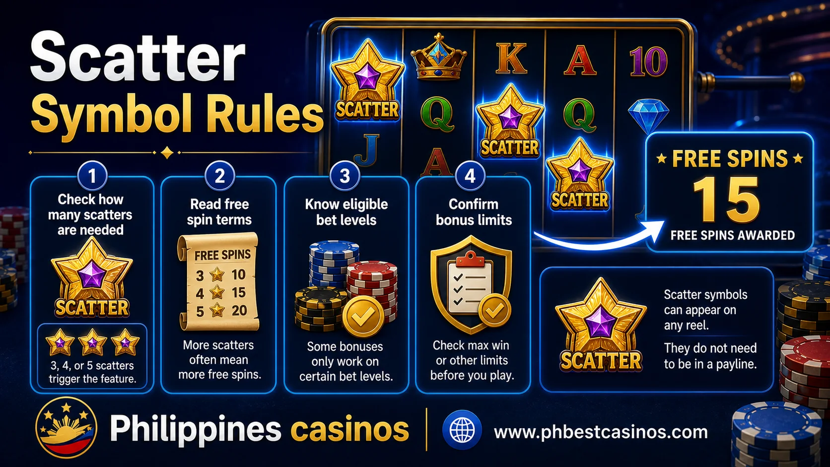Infographic explaining scatter symbol rules including required scatters, free spin terms, eligible bet levels, and bonus limits