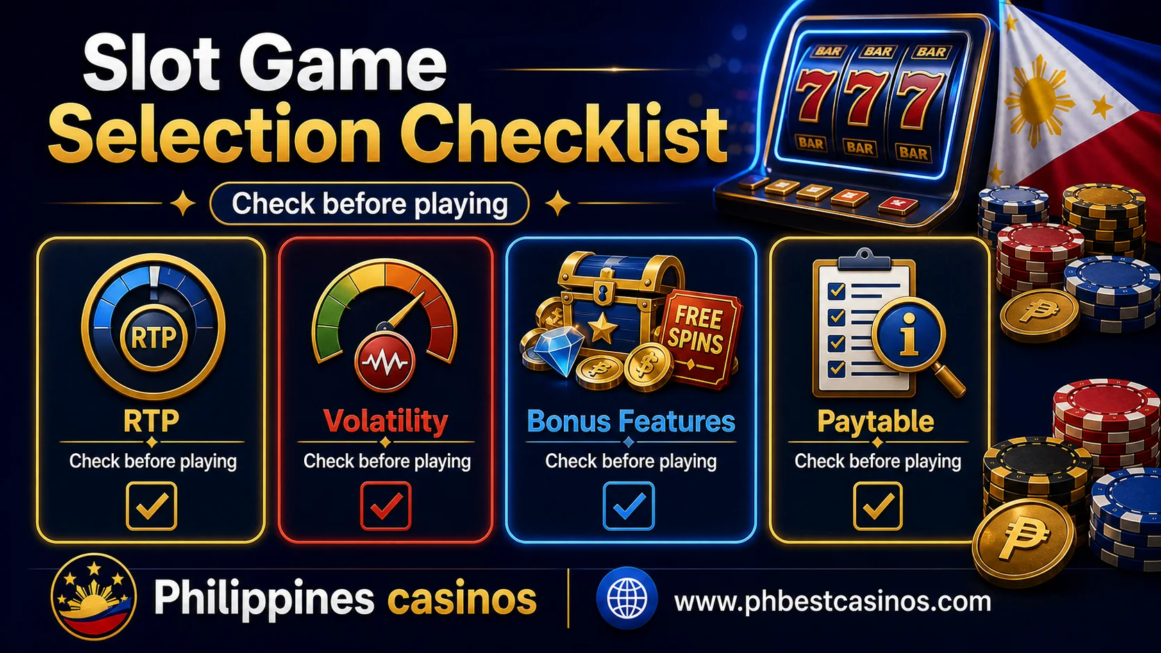 Slot game selection checklist infographic with RTP volatility bonus features and paytable checks
