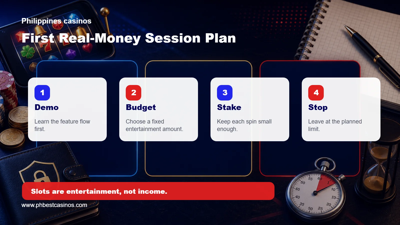 Infographic showing a first real-money slot session plan with demo, budget, stake, and stop steps