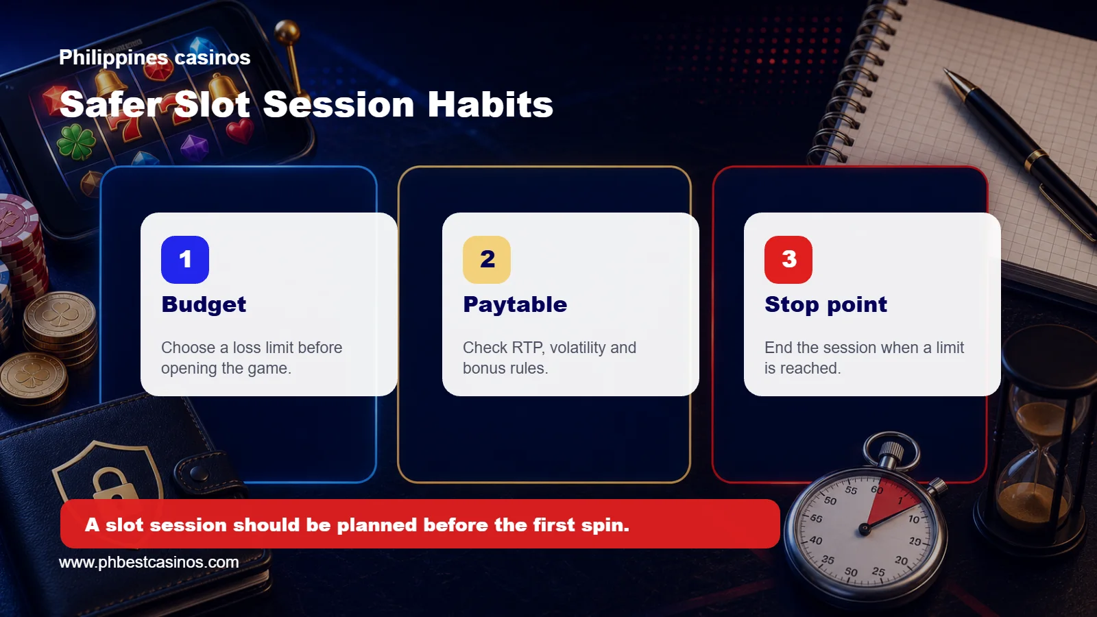 Safer online slot session habits infographic showing budget, paytable, and stop point checks