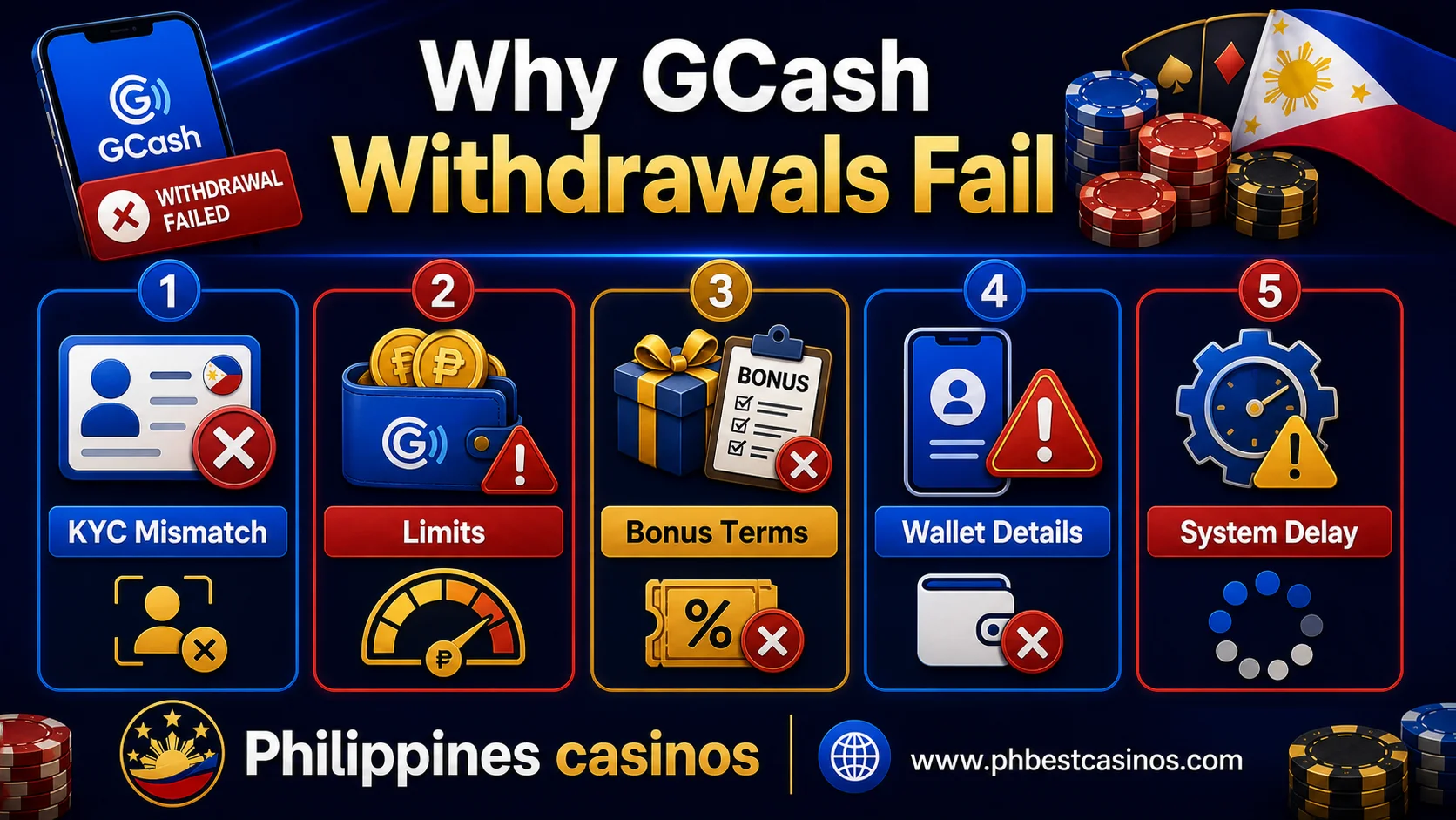 Infographic showing why GCash casino withdrawals fail including KYC mismatch limits bonus terms wallet details and system delay