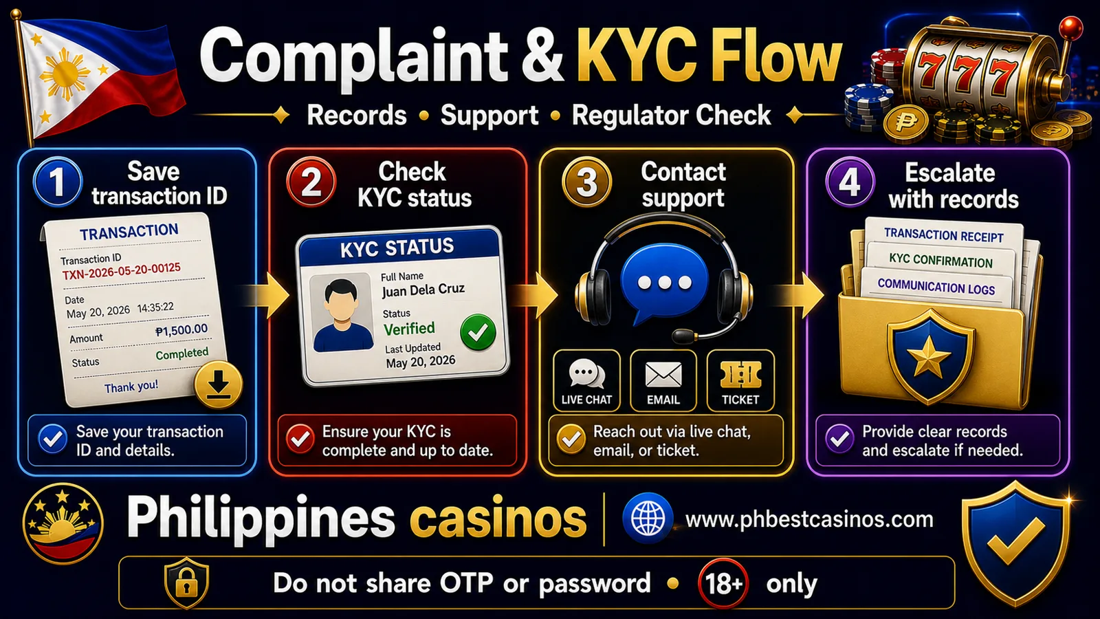 Complaint and KYC flow infographic for Philippines casinos showing account review payment records support ticket and escalation