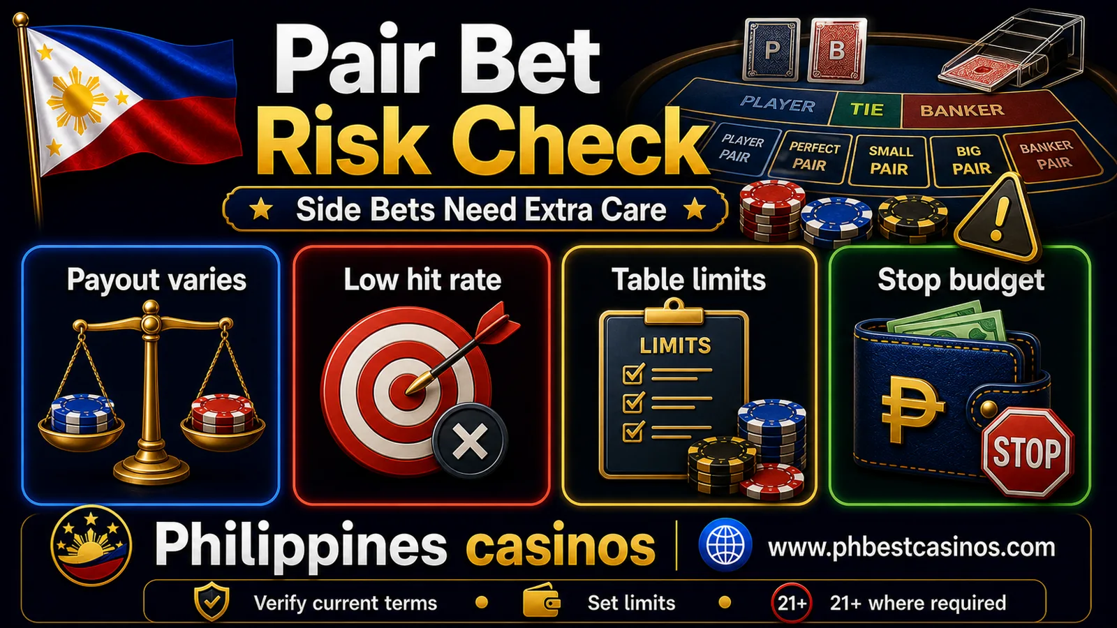 Pair bet risk check infographic for Philippines casinos showing payouts vary low hit rate table limits and stop budget