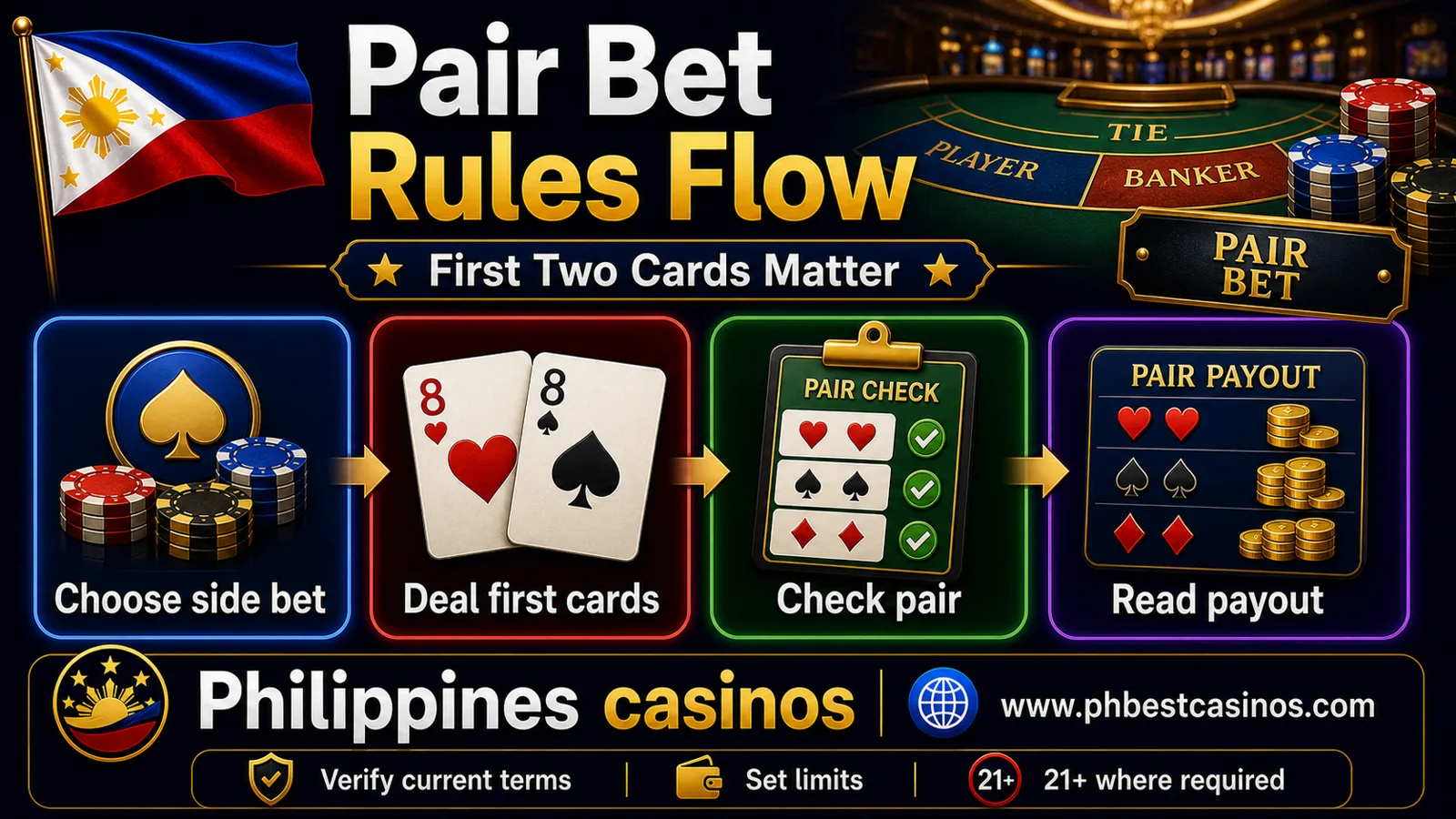 Pair bet rules flow infographic for Philippines casinos showing choose side bet deal first cards check pair and read payout