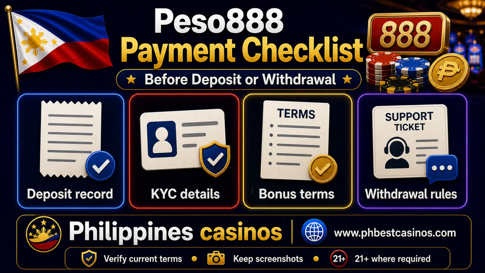 Peso888 payment checklist infographic for Philippines casinos showing deposit record KYC details bonus terms and withdrawal rules with 21 plus where required note