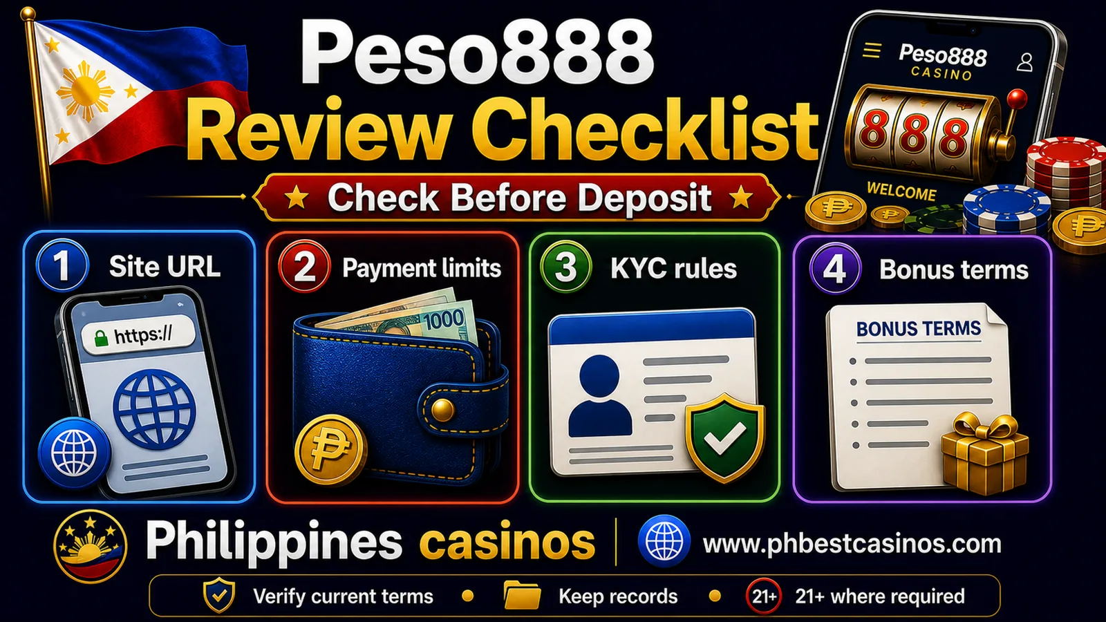 Peso888 review checklist infographic for Philippines casinos showing site URL payment limits KYC rules and bonus terms with 21 plus where required note