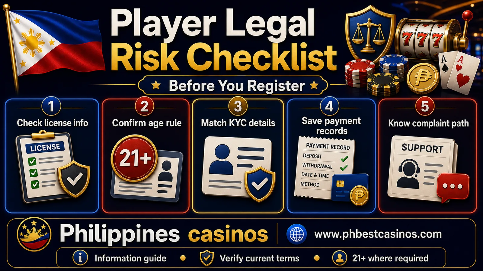 Player legal risk checklist infographic for Philippines casinos showing license info age rule KYC details payment records and complaint path