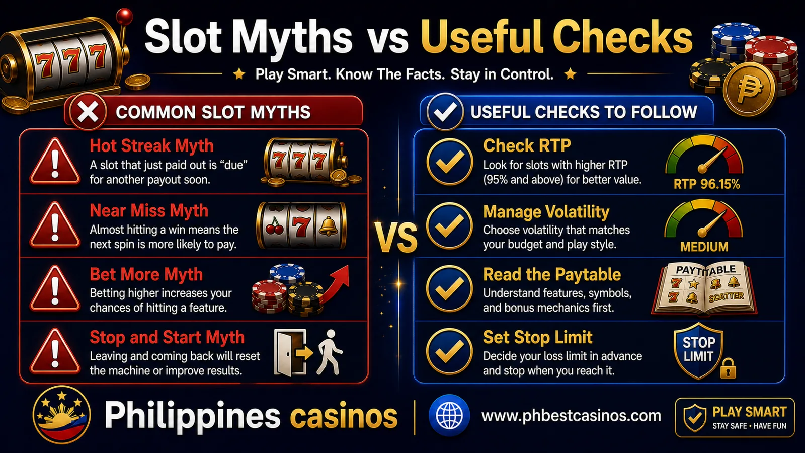 Slot myths versus useful checks infographic for Philippines casinos covering hot streak myths RTP paytables volatility and budget