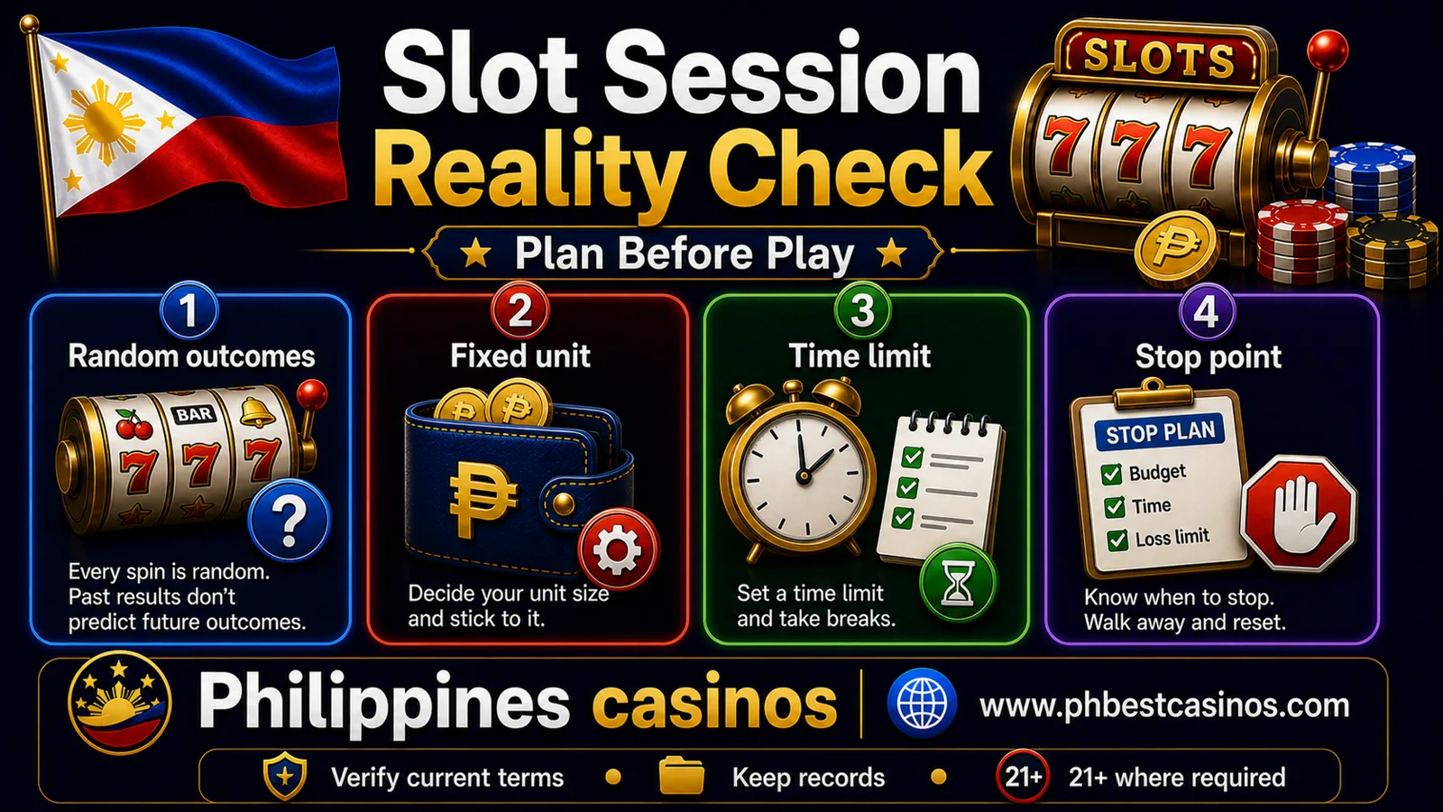 Slot session reality check infographic for Philippines casinos showing random outcomes fixed unit time limit and stop point