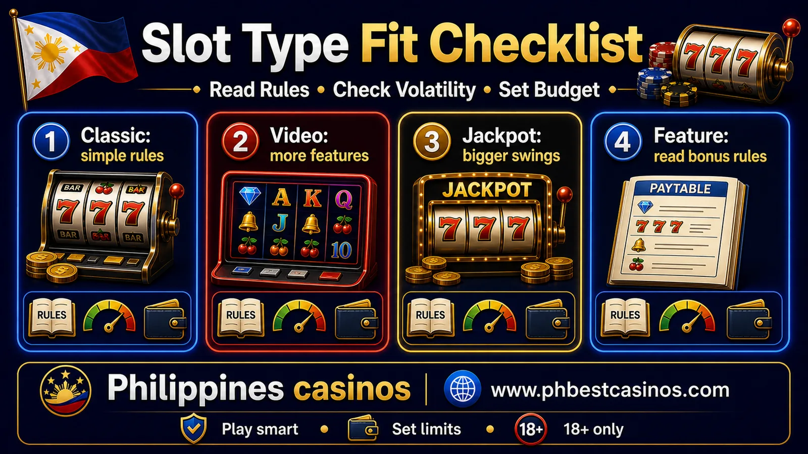 Slot type fit checklist infographic for Philippines casinos with classic video jackpot feature read rules check volatility and set budget