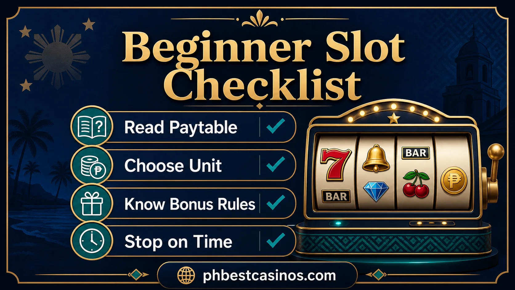 Beginner Slot Checklist infographic showing read paytable choose unit know bonus rules and stop on time