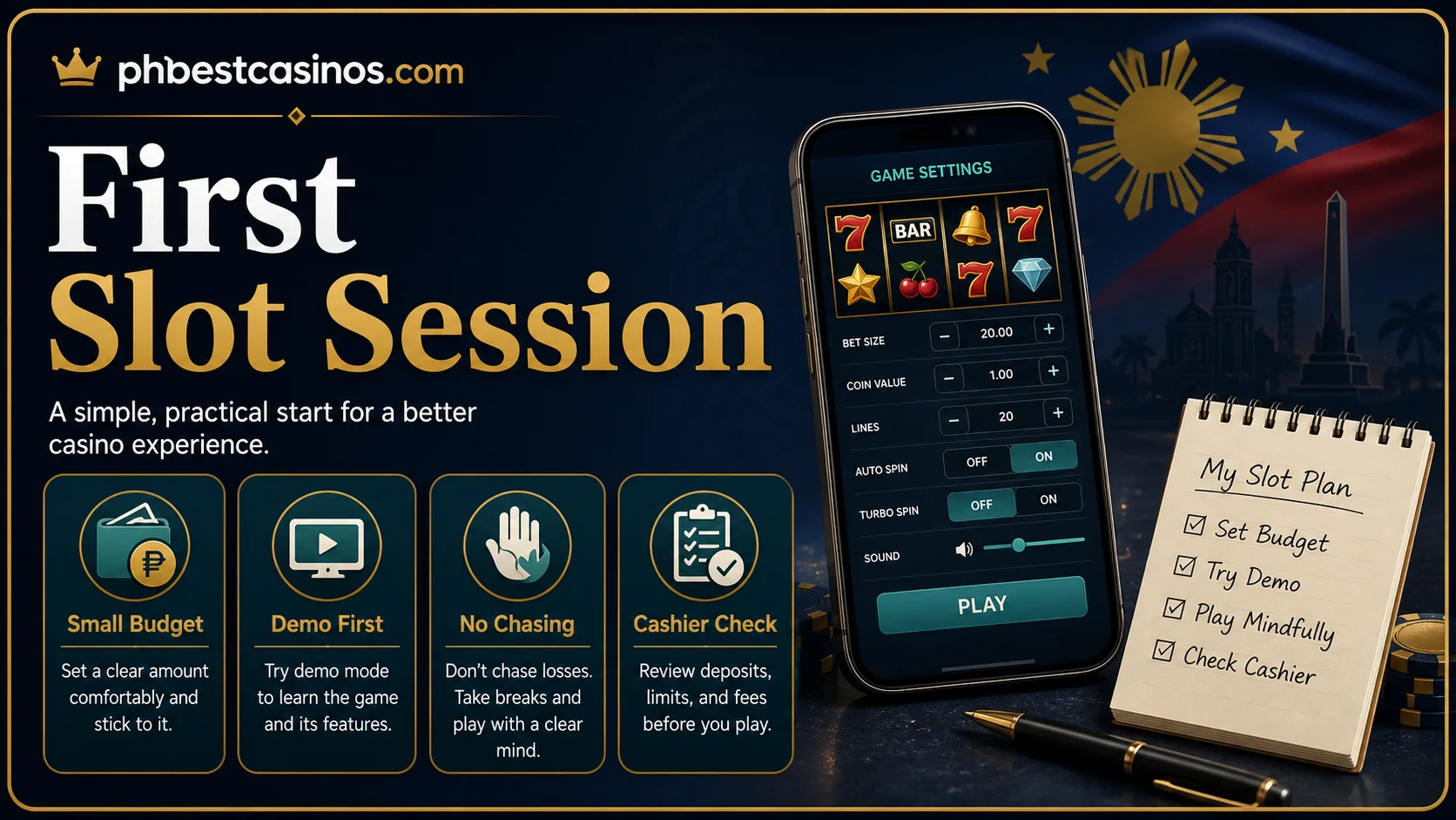 First Slot Session infographic showing small budget demo first no chasing and cashier check