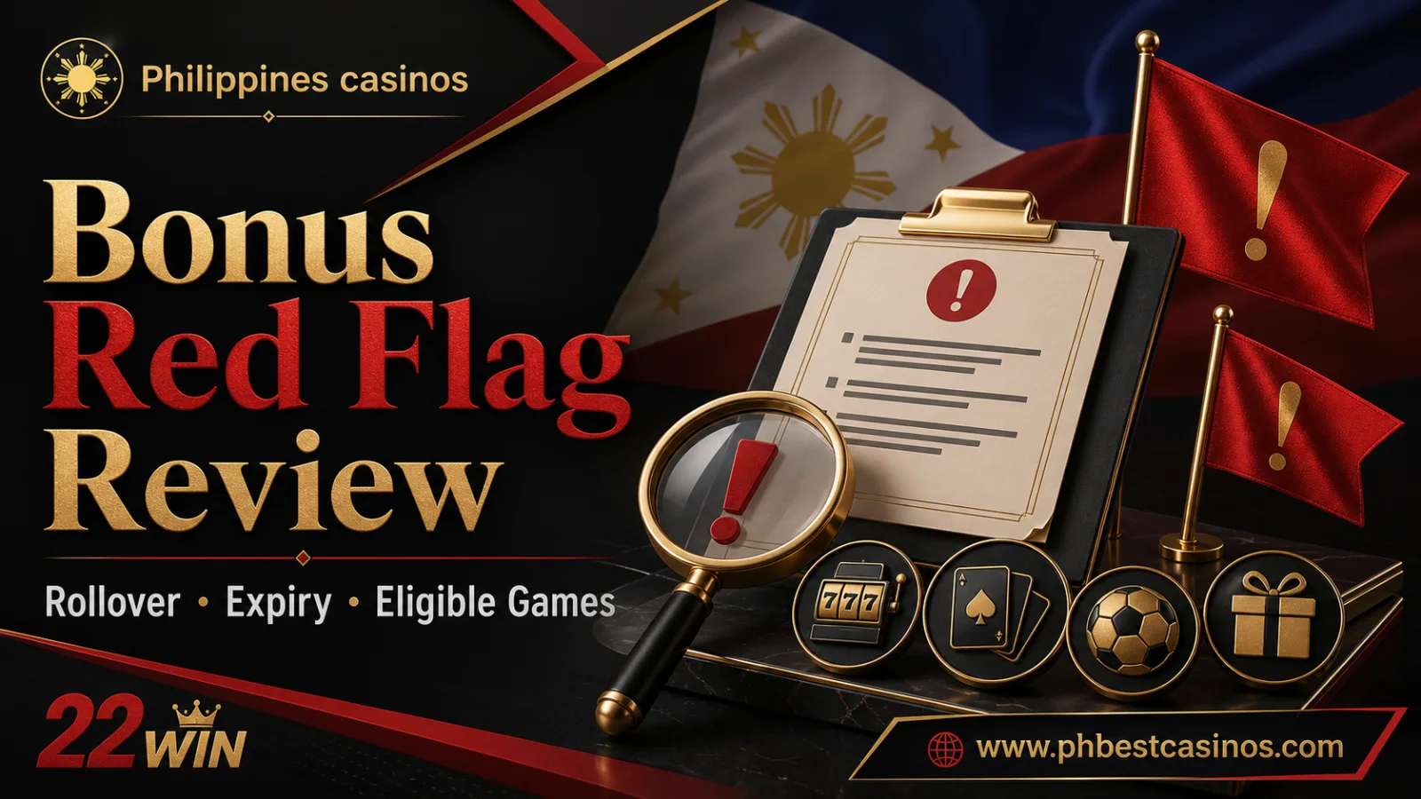 22Win bonus and red flag review infographic with Philippines casinos brand and phbestcasinos domain