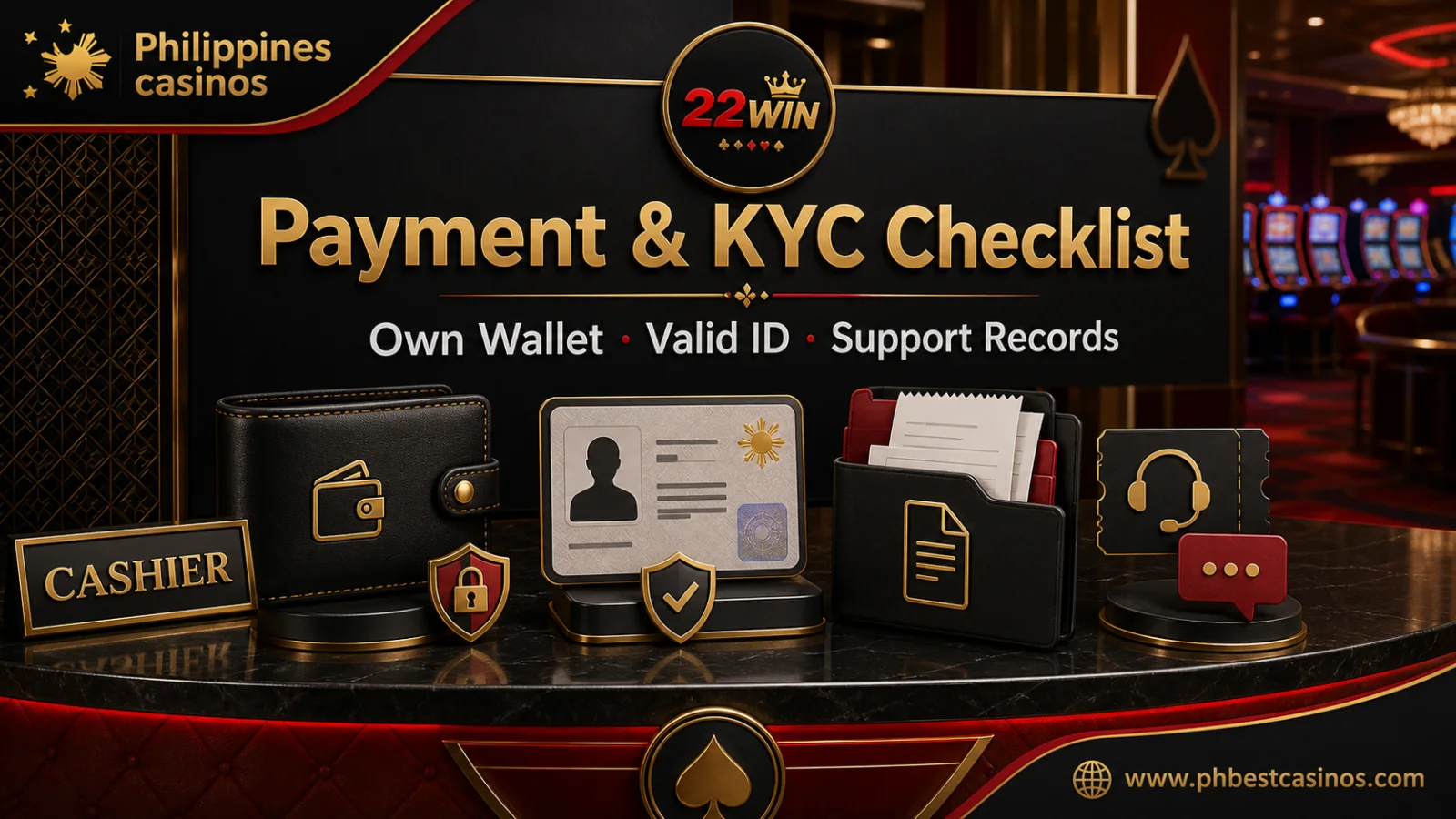 22Win payment KYC and support checklist infographic with Philippines casinos brand and phbestcasinos domain