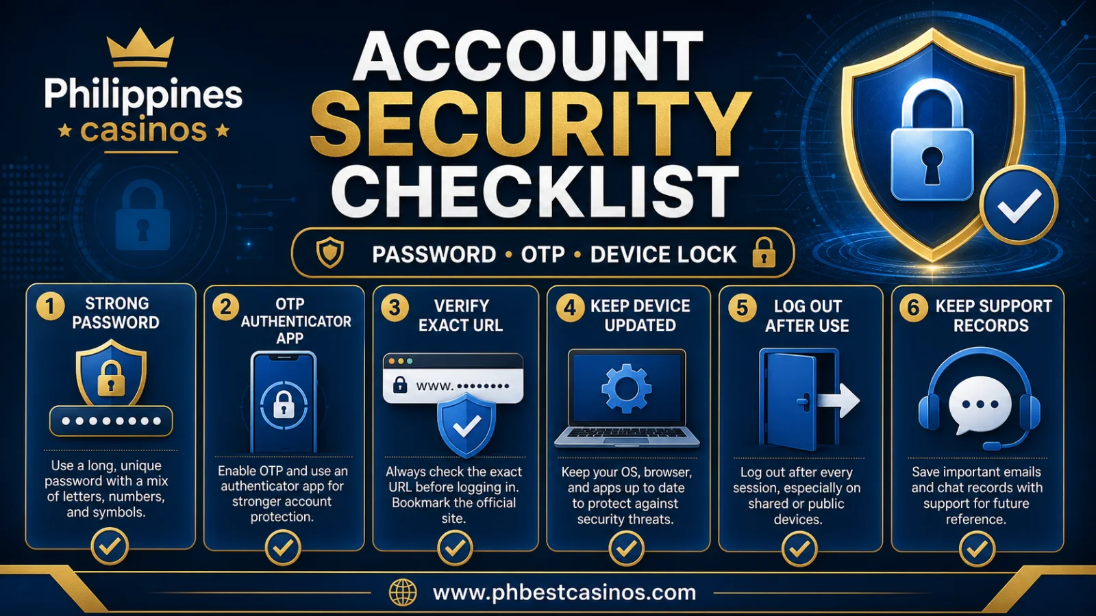 Account Security Checklist infographic with unique password never share OTP lock device check login URL and lock payment wallet