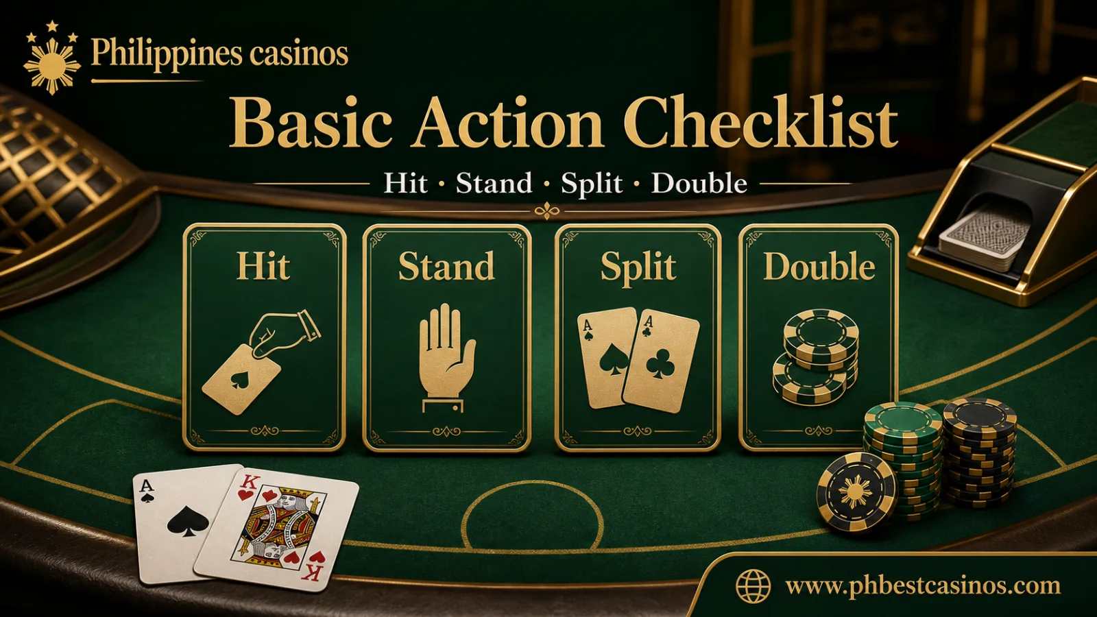 Blackjack basic action checklist infographic with hit stand split double and Philippines casinos brand