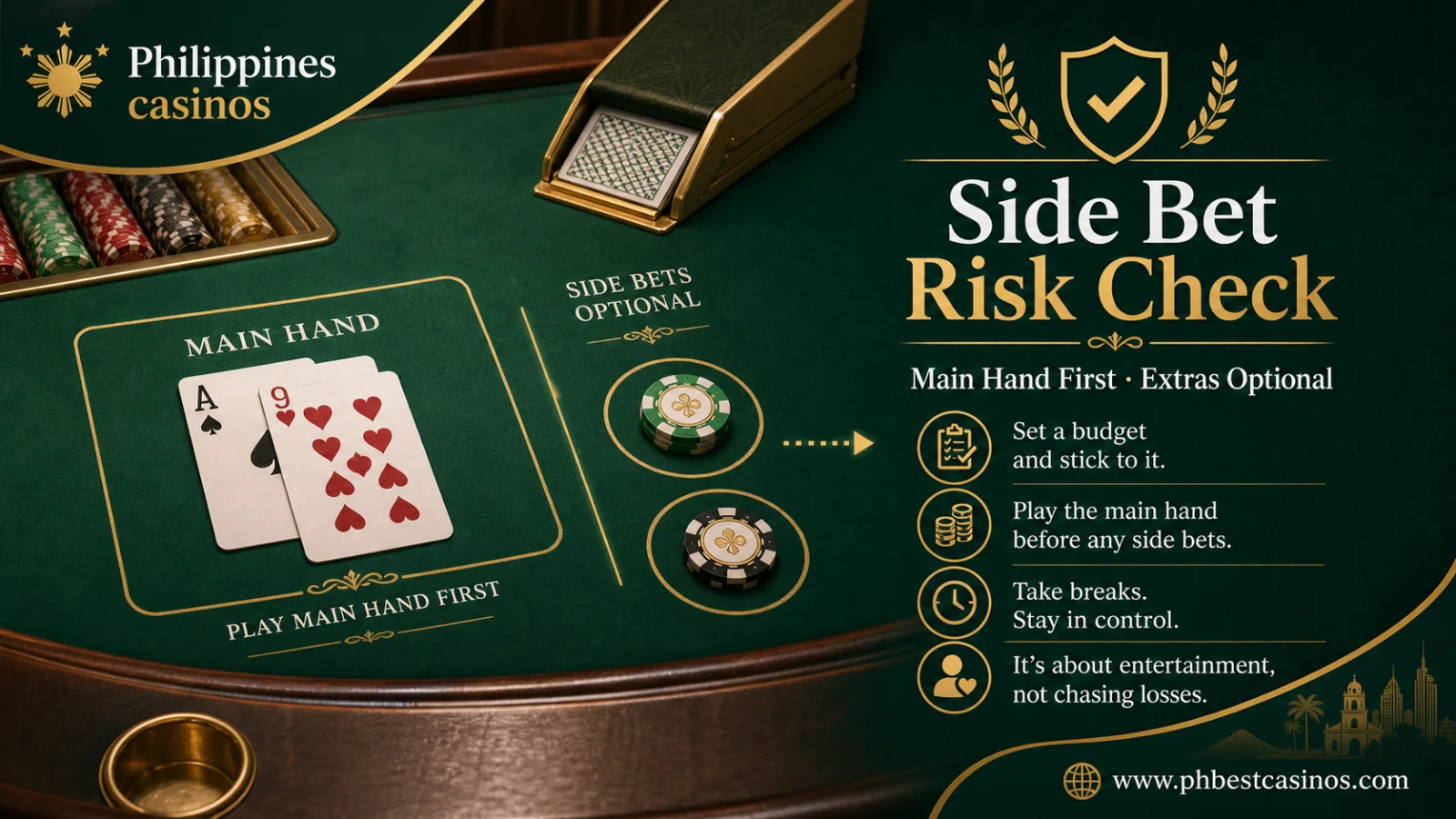 Blackjack side bet risk comparison infographic with Philippines casinos brand and phbestcasinos domain