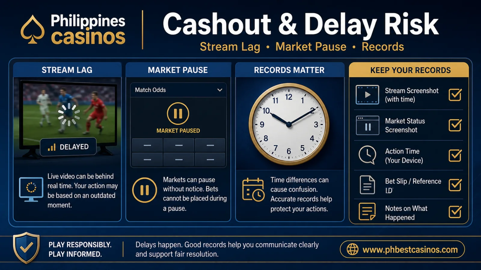 Cashout and Delay Risk infographic with odds lock video lag bet slip and stop limit