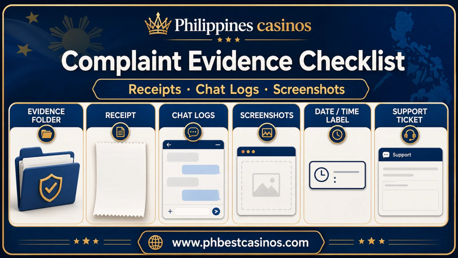 Complaint Evidence Checklist infographic with URL receipts chat logs ticket ID and phbestcasinos domain text