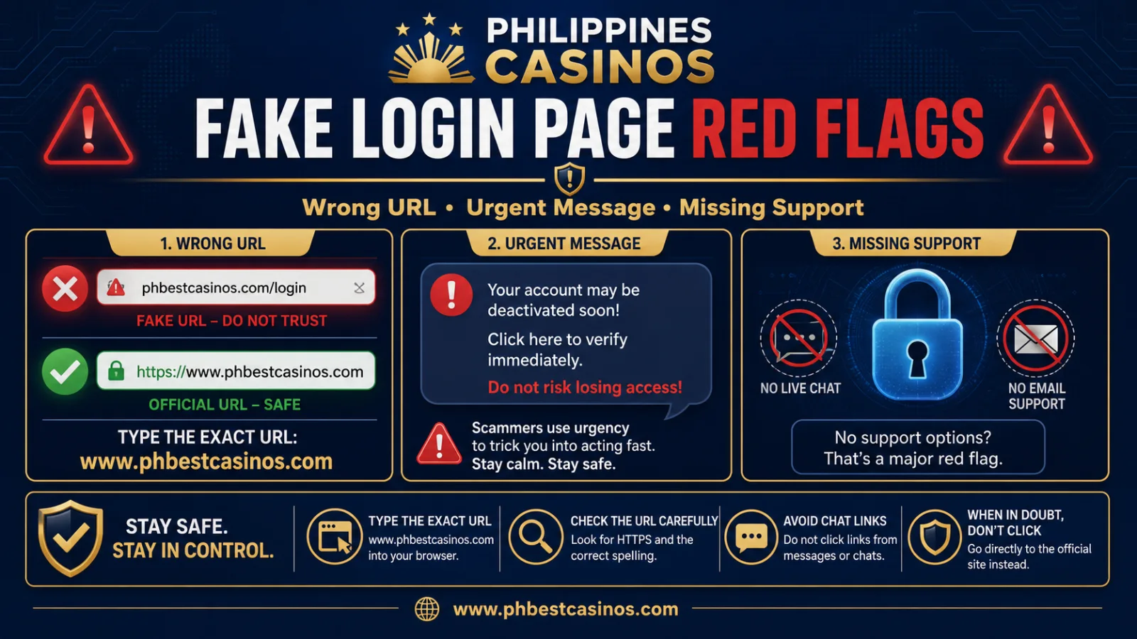 Fake Login Page Red Flags infographic with wrong URL copied logo OTP request and private link warning