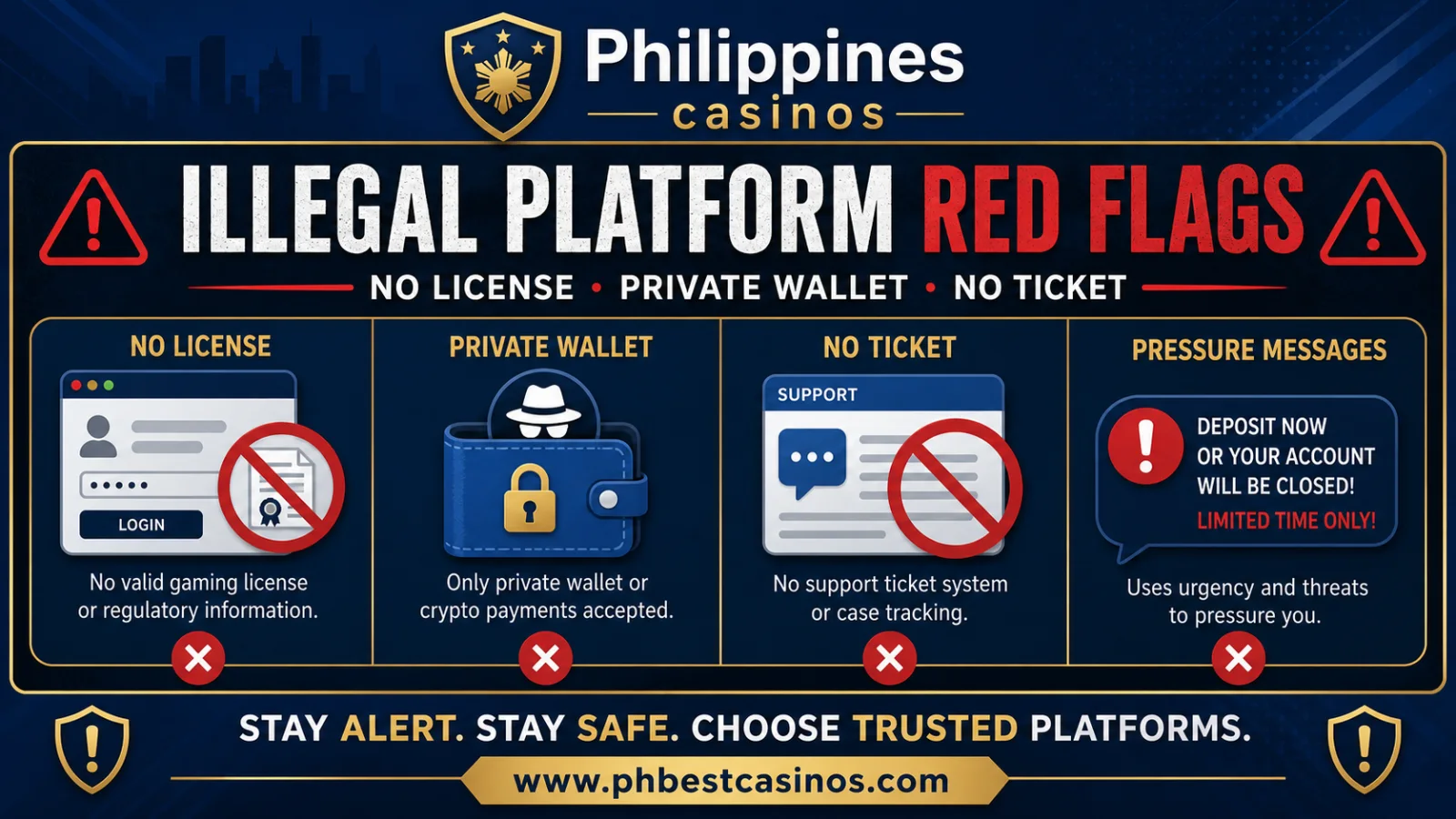 Illegal Platform Red Flags infographic with no license page private wallet no ticket and pressure to deposit
