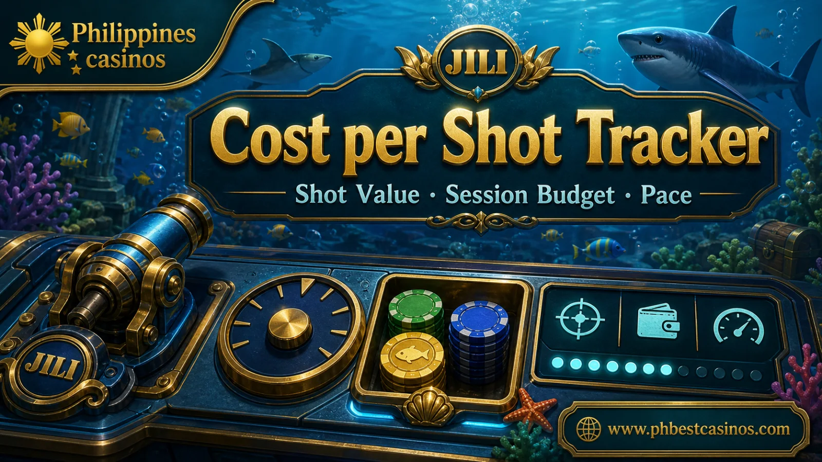 JILI fishing cost per shot tracker infographic with Philippines casinos brand and phbestcasinos domain