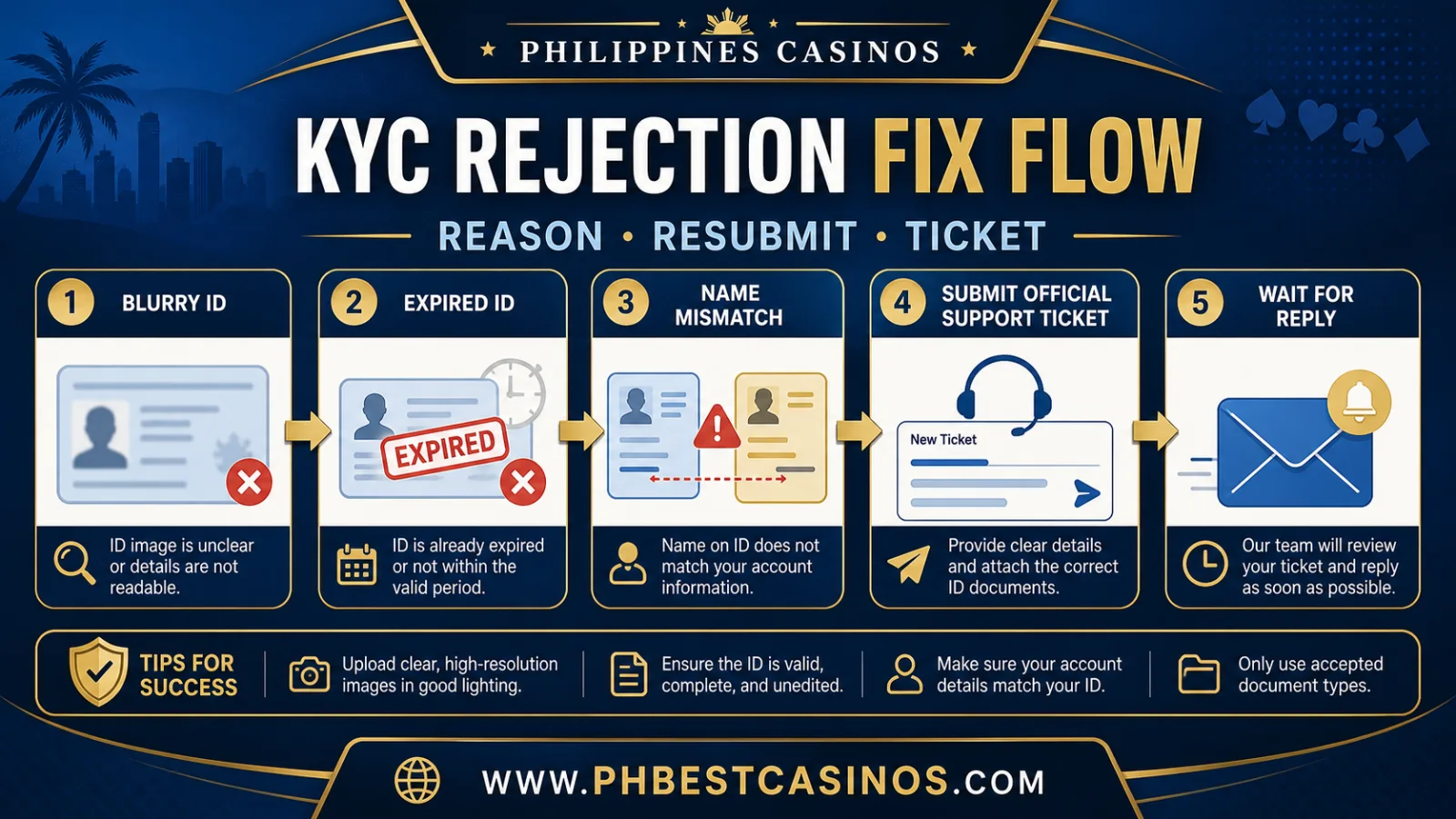 KYC Rejection Fix Flow infographic with blurry ID expired ID name mismatch resubmit once and keep ticket