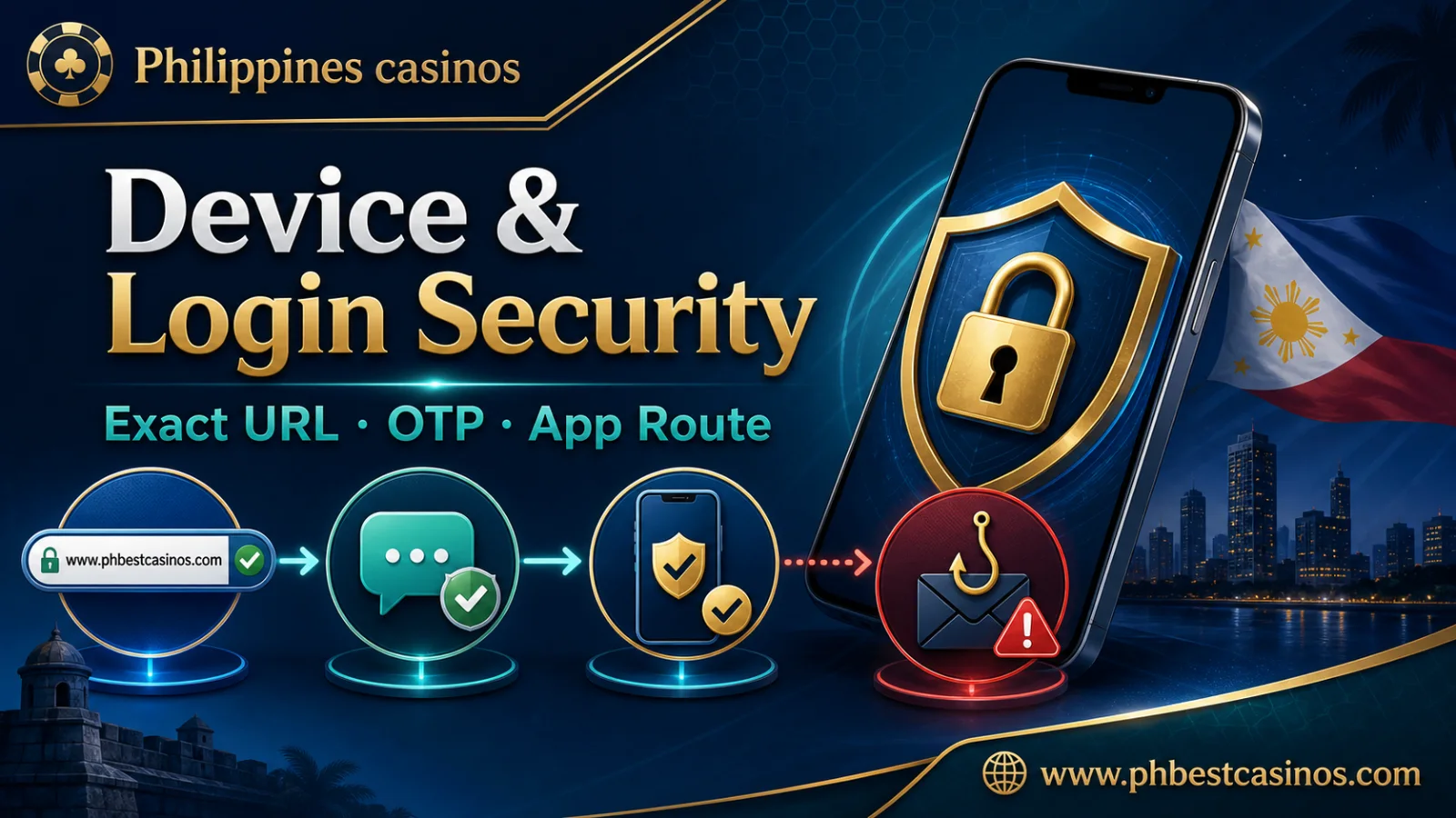 Mobile casino device login security flow infographic with Philippines casinos brand and phbestcasinos domain