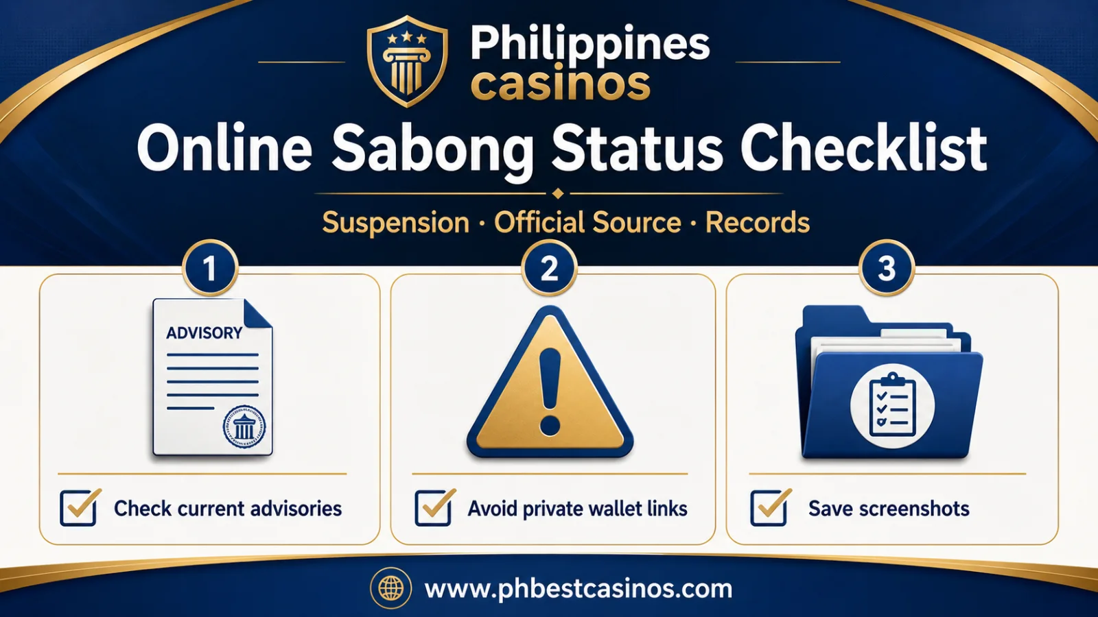 Online Sabong Legal Status Checklist infographic with EO No 9 PAGCOR note no remote betting and records