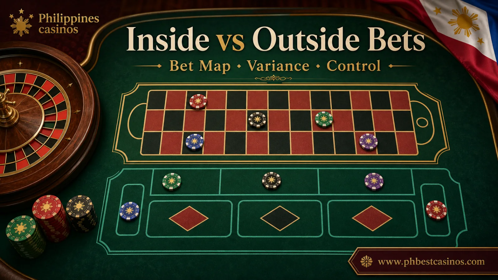 Roulette inside and outside bet map infographic with Philippines casinos brand and phbestcasinos domain