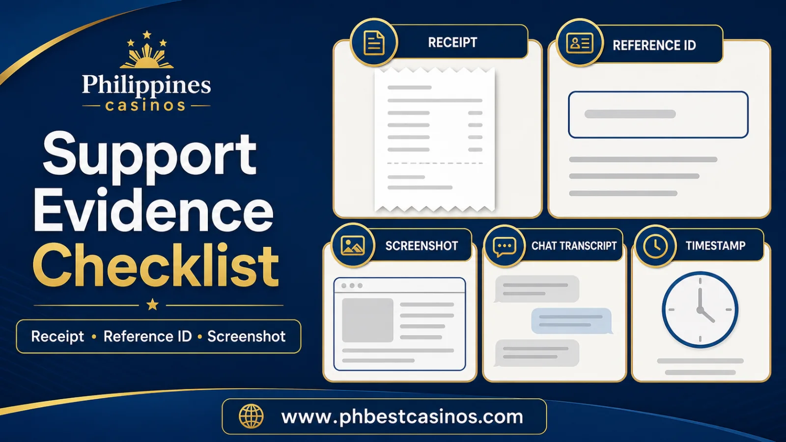 Support Evidence Checklist infographic with reference ID amount time cashier screenshot and ticket number