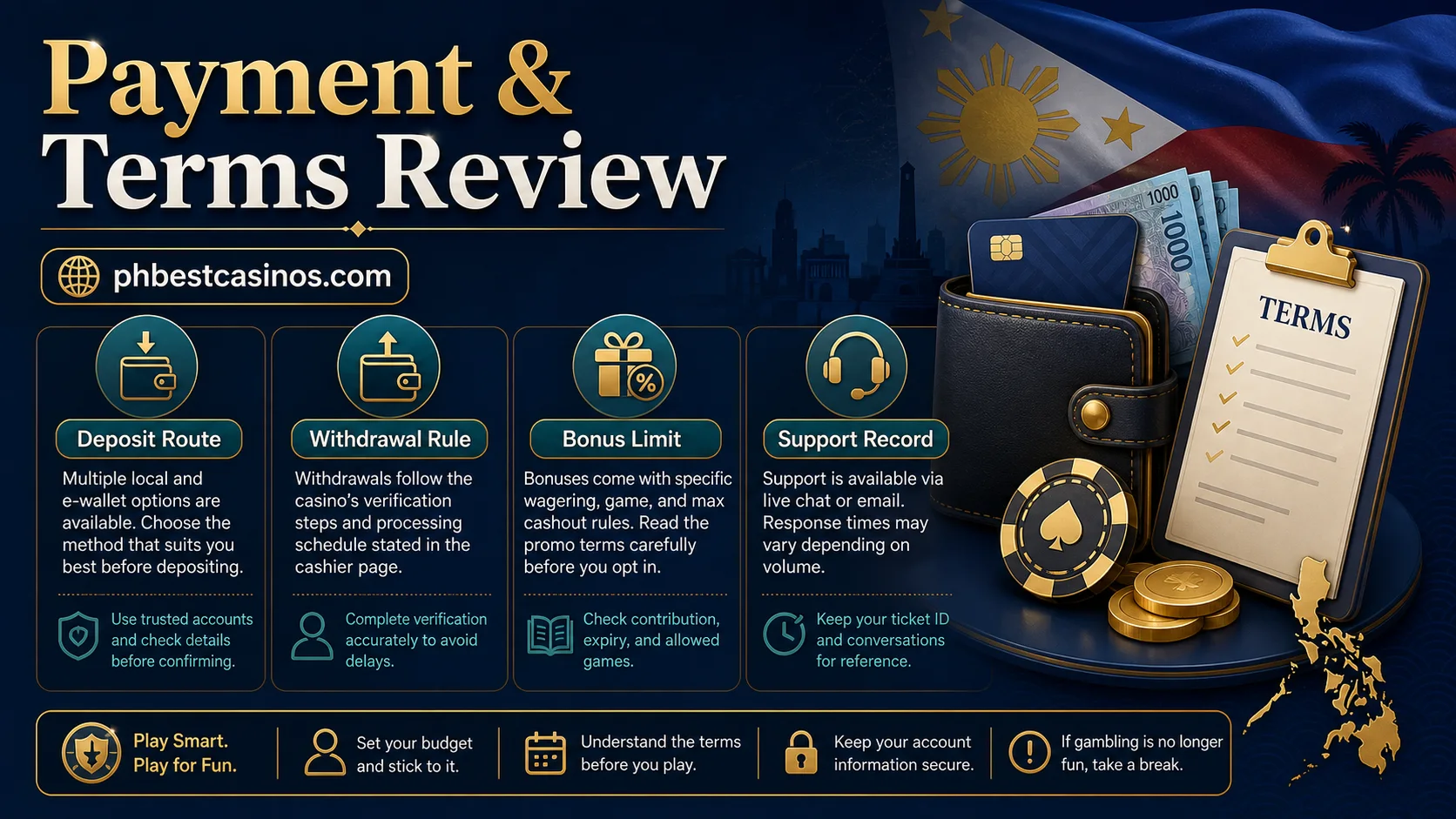 Payment and Terms Review infographic showing deposit route withdrawal rule bonus limit and support record