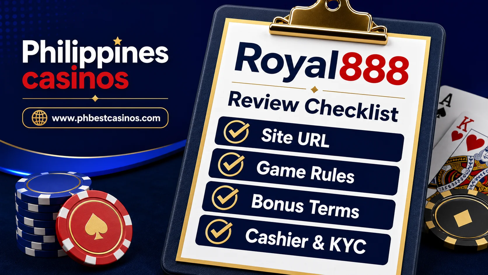 Royal888 review checklist for Philippines casinos covering site URL game rules bonus terms cashier and KYC